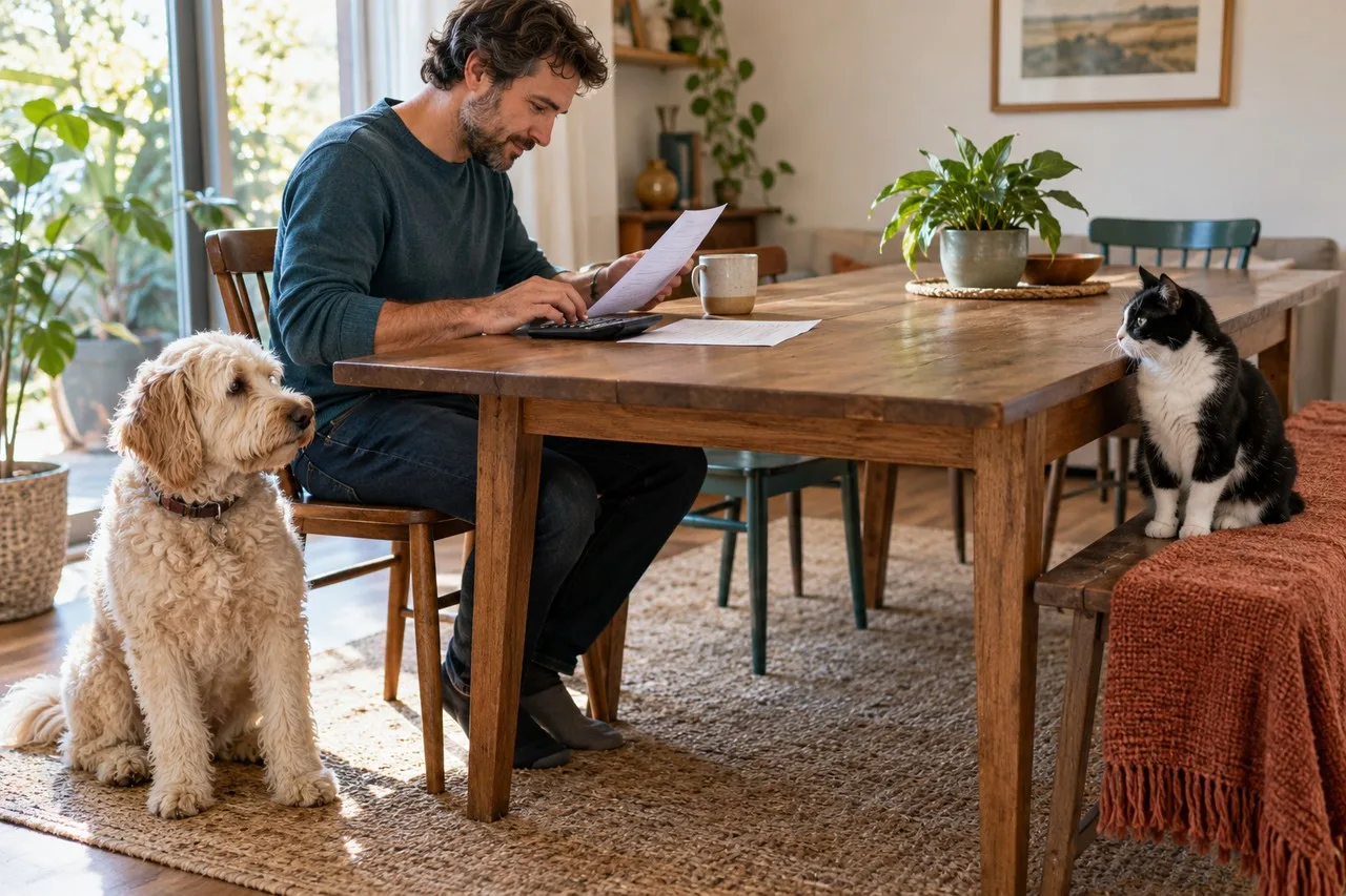 Owner reviewing papers at a table while a dog and a cat rest nearby