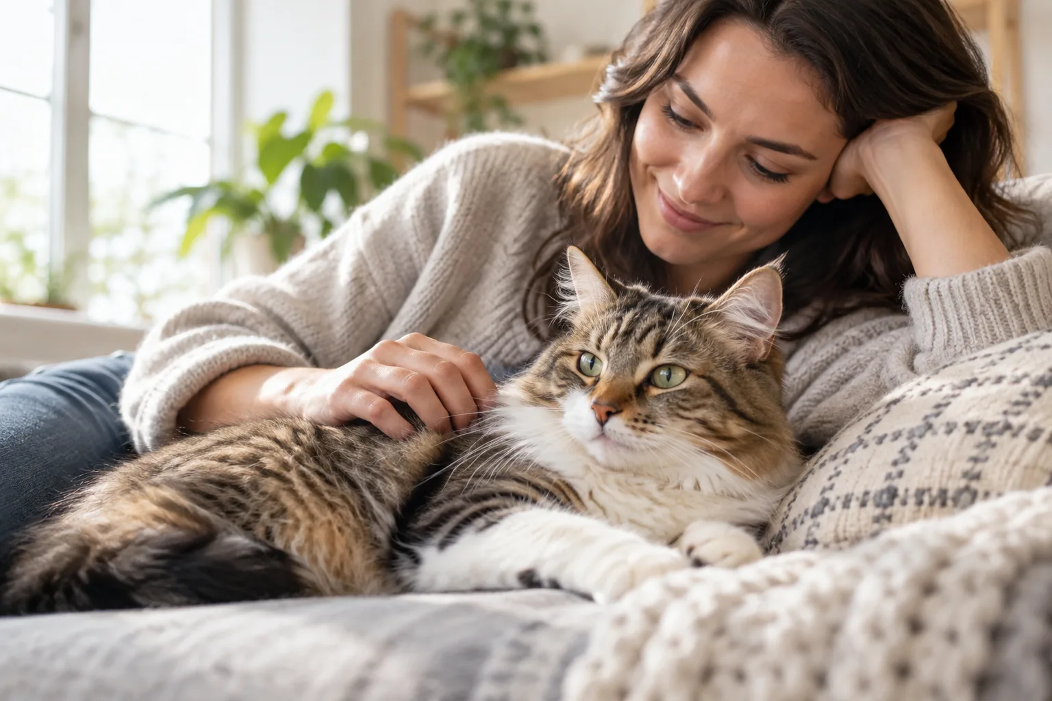 Tabby cat resting beside an owner on a sofa